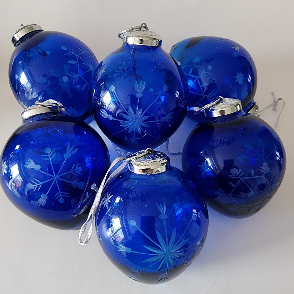Vtg Abbot Cobalt Blue Cut to Clear Glass Ornaments / Hand Blown